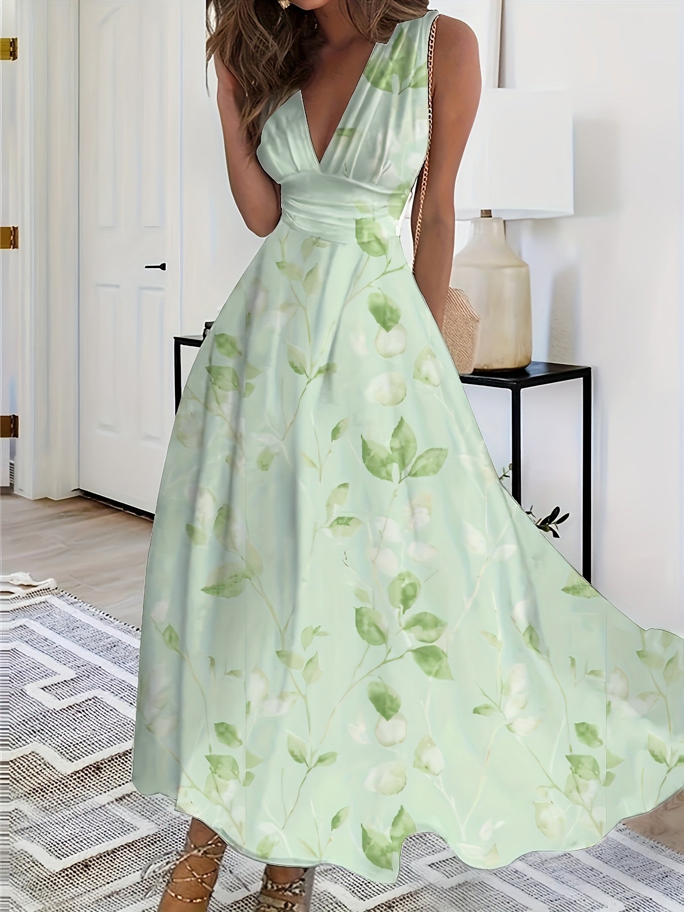 [Elegant Dress] Elegant V-Neck Sleeveless A-Line Dress | Women's Floral Print Semi-Sheer Lightweight Fabric, Breathable & Versatile for All Seasons, Casual to Formal Occasions, Allseason Attire, Medium Elasticity Fabric