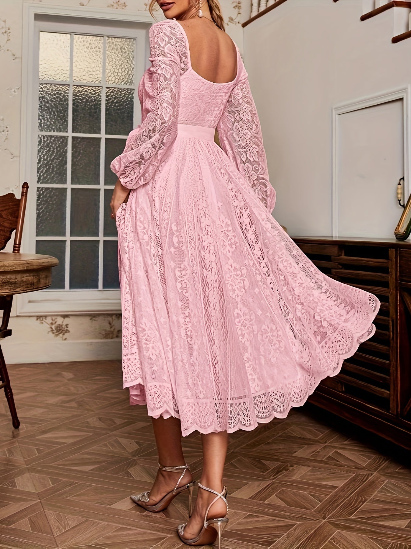 [Elegant Dress] Elegant Lace Sleeve Belted Dress | Women's Fitted Solid Color Machine Washable All-Season Versatile for Casual & Formal Occasions, Wedding Guest Attire, Sophisticated Detailing