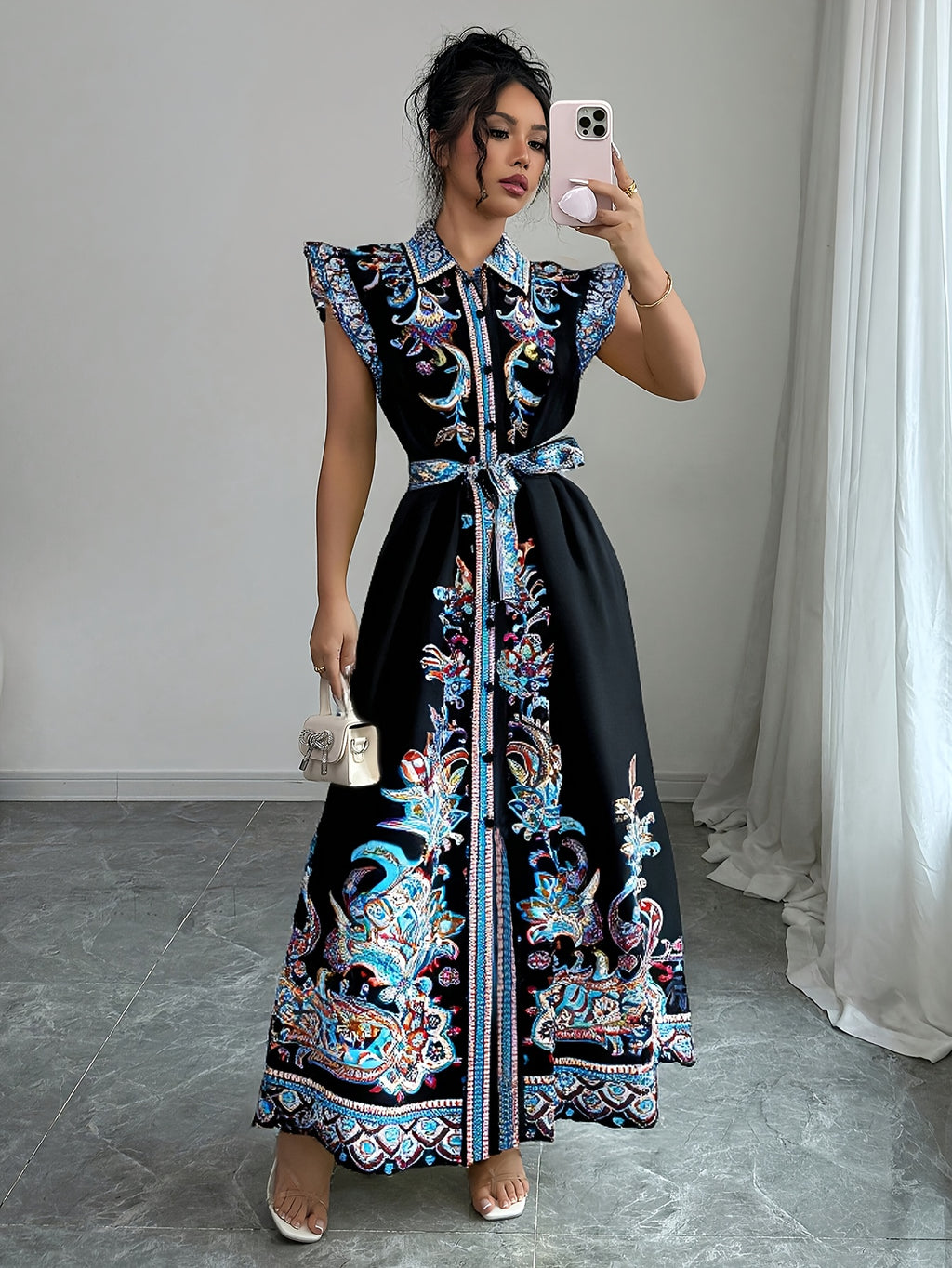 Women's Floral Print A-Line Dress with Puffed Cap Sleeves & Classic Collar - Adjustable Waist Tie, Side Slit Hem, Machine Washable Long Dress for Spring/Summer Casual to Formal Occasions, Spring Summer Dress | Floral Aline Dress | Quality Construction