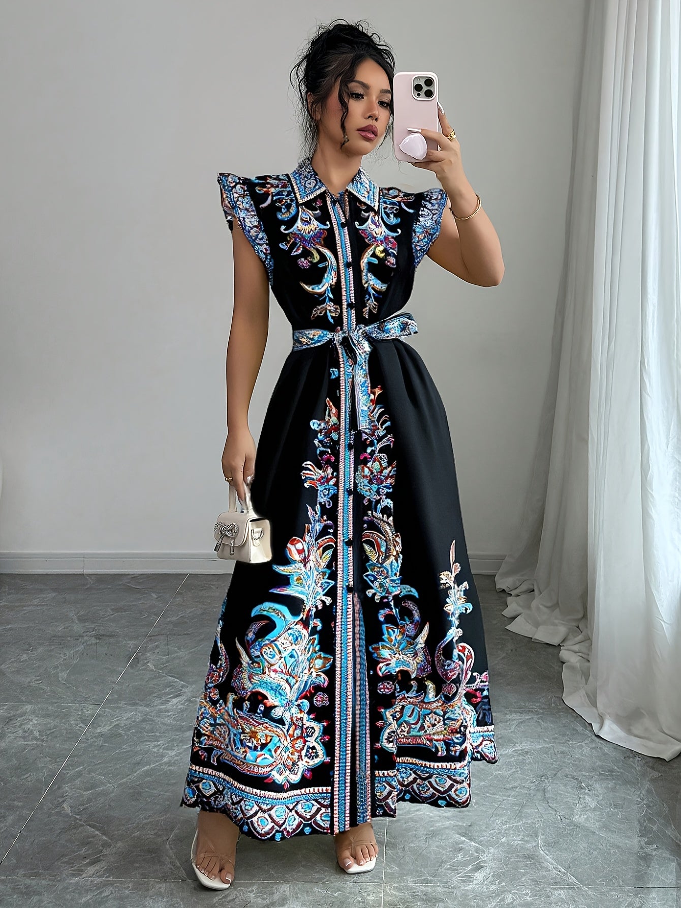 Women's Floral Print A-Line Dress with Puffed Cap Sleeves & Classic Collar - Adjustable Waist Tie, Side Slit Hem, Machine Washable Long Dress for Spring/Summer Casual to Formal Occasions, Spring Summer Dress | Floral Aline Dress | Quality Construction