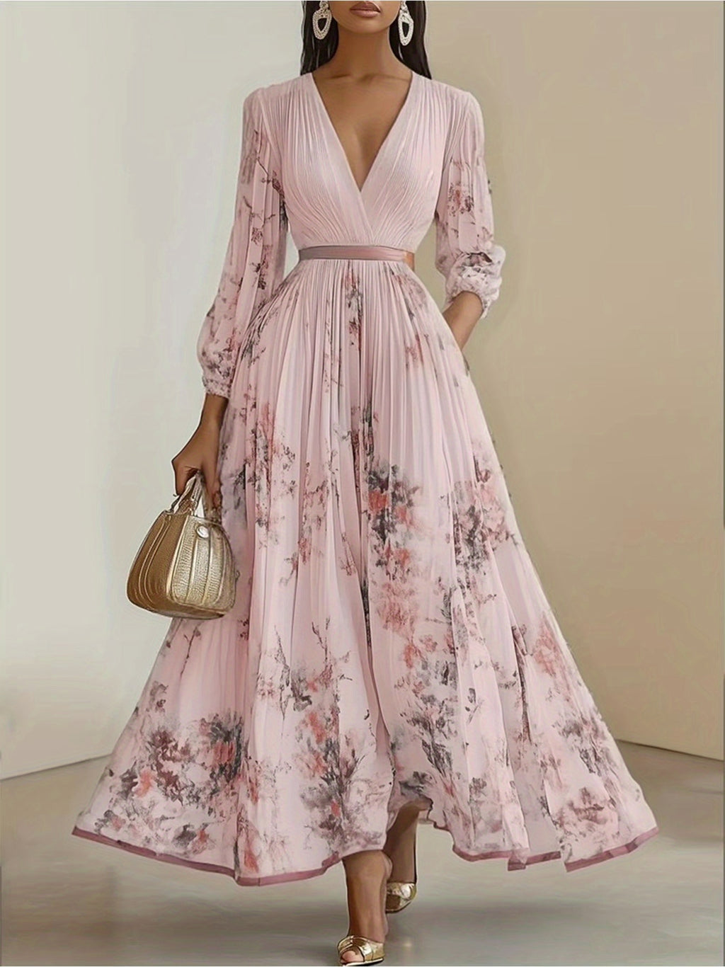 Women'S Elegant Floral print long dress - Flowy A-Line Formal & casual gown, V-Neck Long Dress for Parties, Office, Everyday Outfits - Spring/Fall/Summer Women'S Clothing, Floral Print Dress, Party Attire, Sophisticated Style, Pleated Hem, Office Wear,