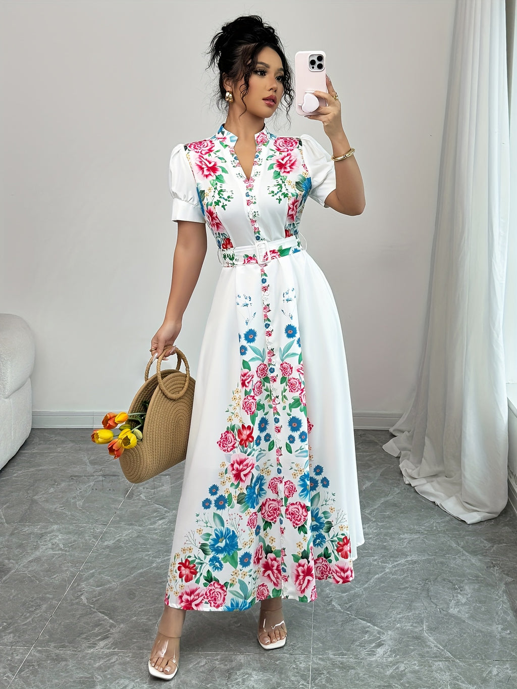 [Elegant Maxi Dress] Vibrant Pink Elegant Women's Maxi Dress | Casual V-Neck, Short Sleeve, A-Line Silhouette with Belt Detail, Multicolor Flower Design, Perfect for Spring/Summer