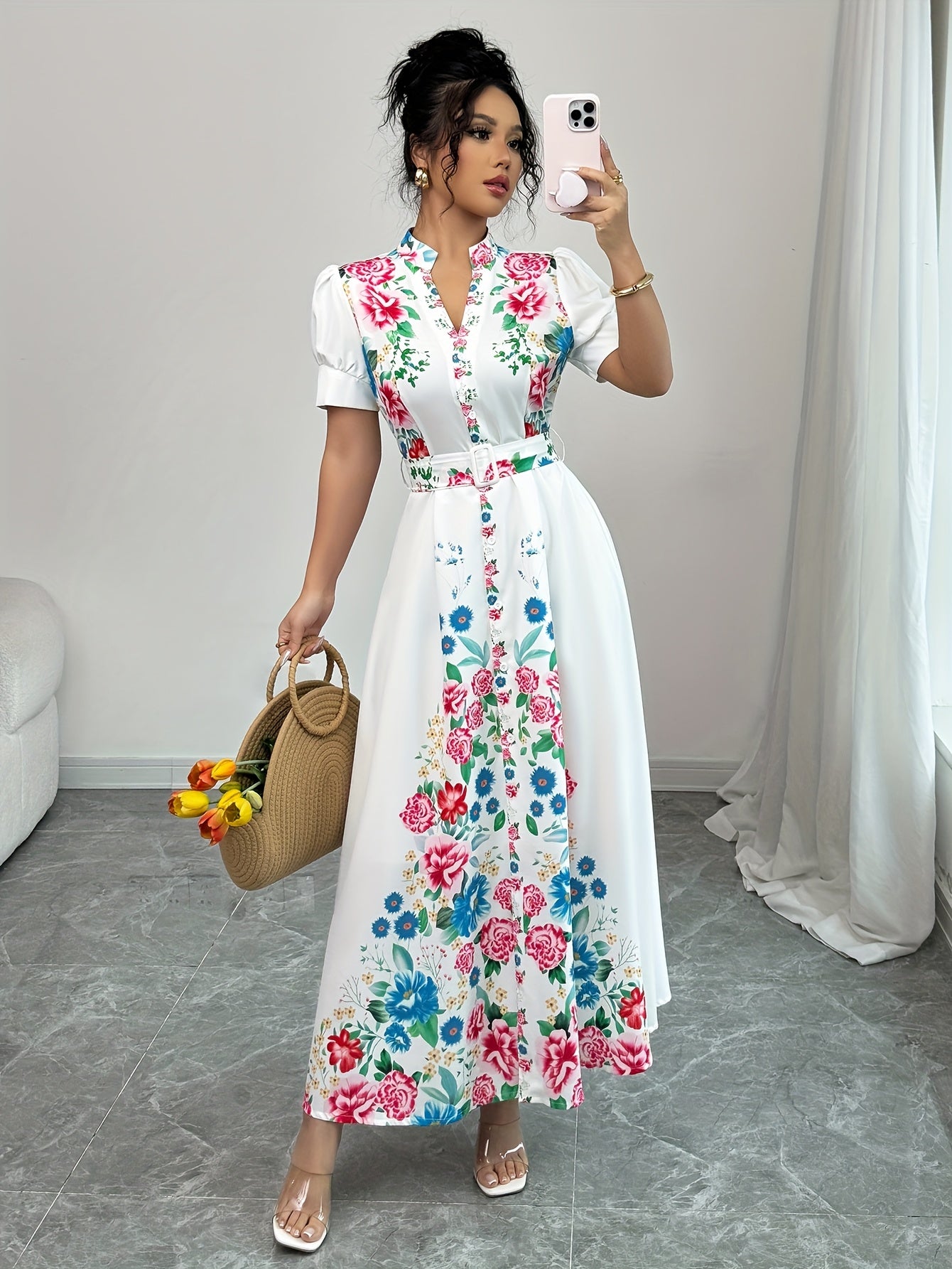 [Elegant Maxi Dress] Vibrant Pink Elegant Women's Maxi Dress | Casual V-Neck, Short Sleeve, A-Line Silhouette with Belt Detail, Multicolor Flower Design, Perfect for Spring/Summer
