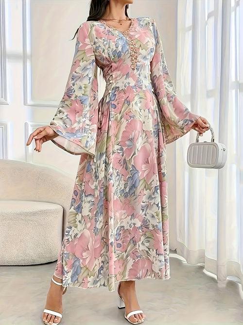 Chic V-Neck Long Sleeve Floral Print Dress