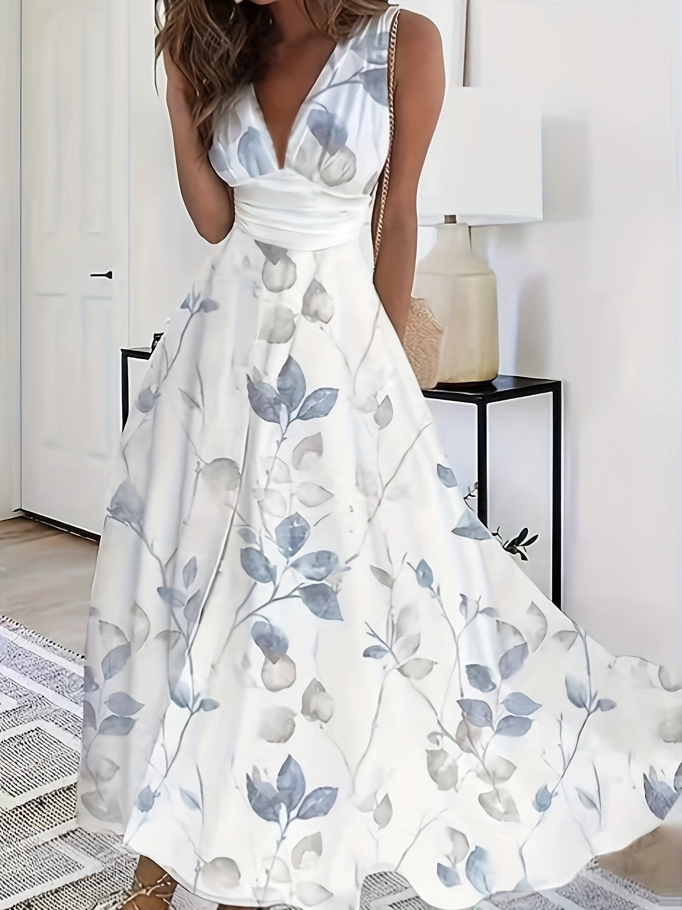 [Elegant Dress] Elegant V-Neck Sleeveless A-Line Dress | Women's Floral Print Semi-Sheer Lightweight Fabric, Breathable & Versatile for All Seasons, Casual to Formal Occasions, Allseason Attire, Medium Elasticity Fabric