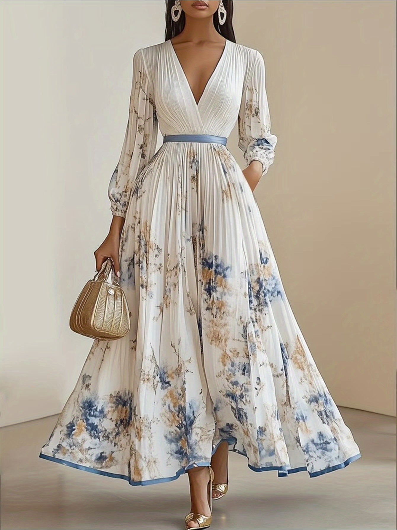 Women'S Elegant Floral print long dress - Flowy A-Line Formal & casual gown, V-Neck Long Dress for Parties, Office, Everyday Outfits - Spring/Fall/Summer Women'S Clothing, Floral Print Dress, Party Attire, Sophisticated Style, Pleated Hem, Office Wear,
