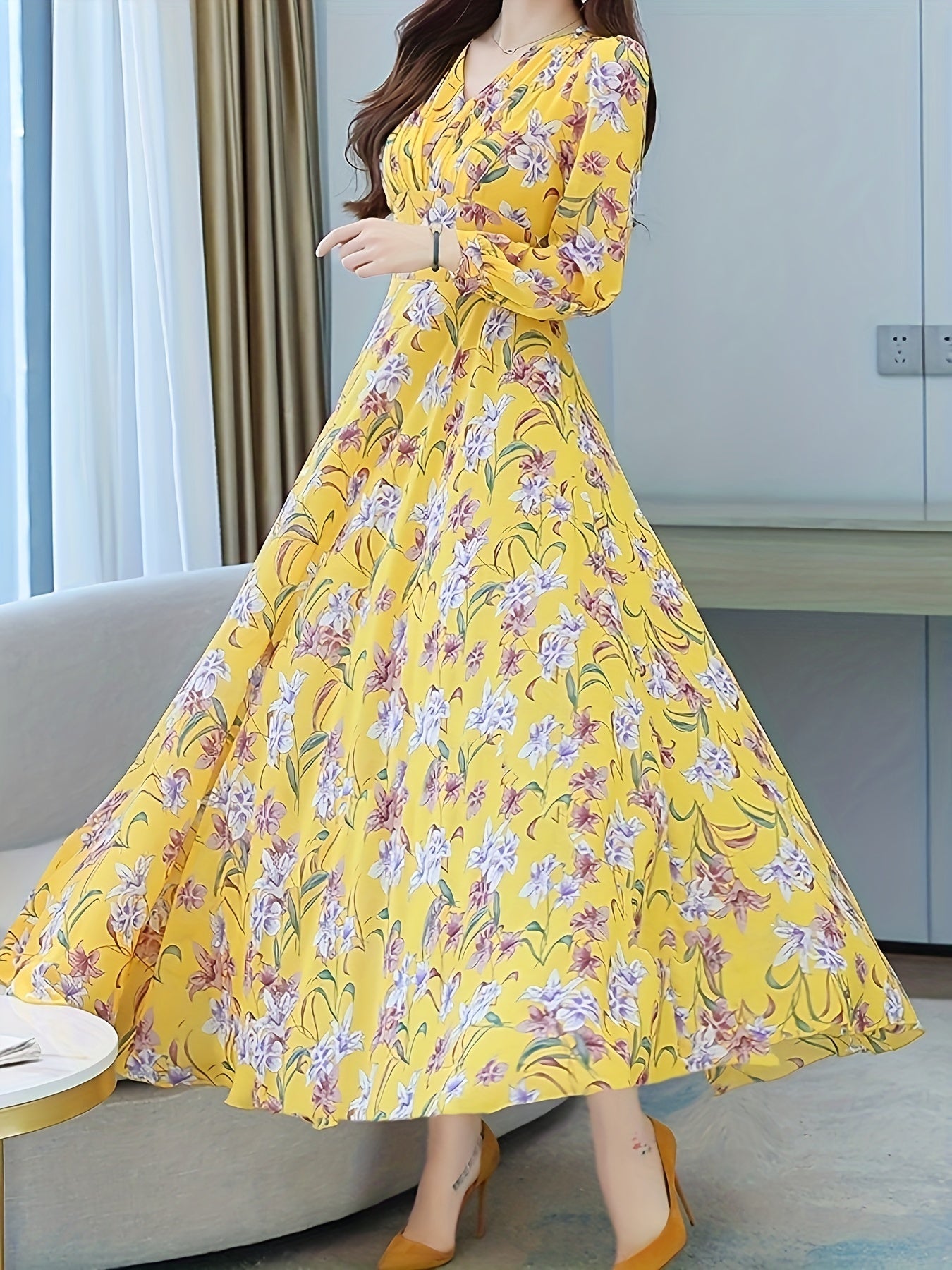 Long Sleeve Women's Floral Party Elegant Yellow Dress