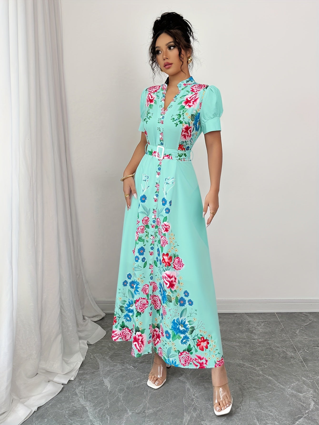 [Elegant Maxi Dress] Vibrant Pink Elegant Women's Maxi Dress | Casual V-Neck, Short Sleeve, A-Line Silhouette with Belt Detail, Multicolor Flower Design, Perfect for Spring/Summer