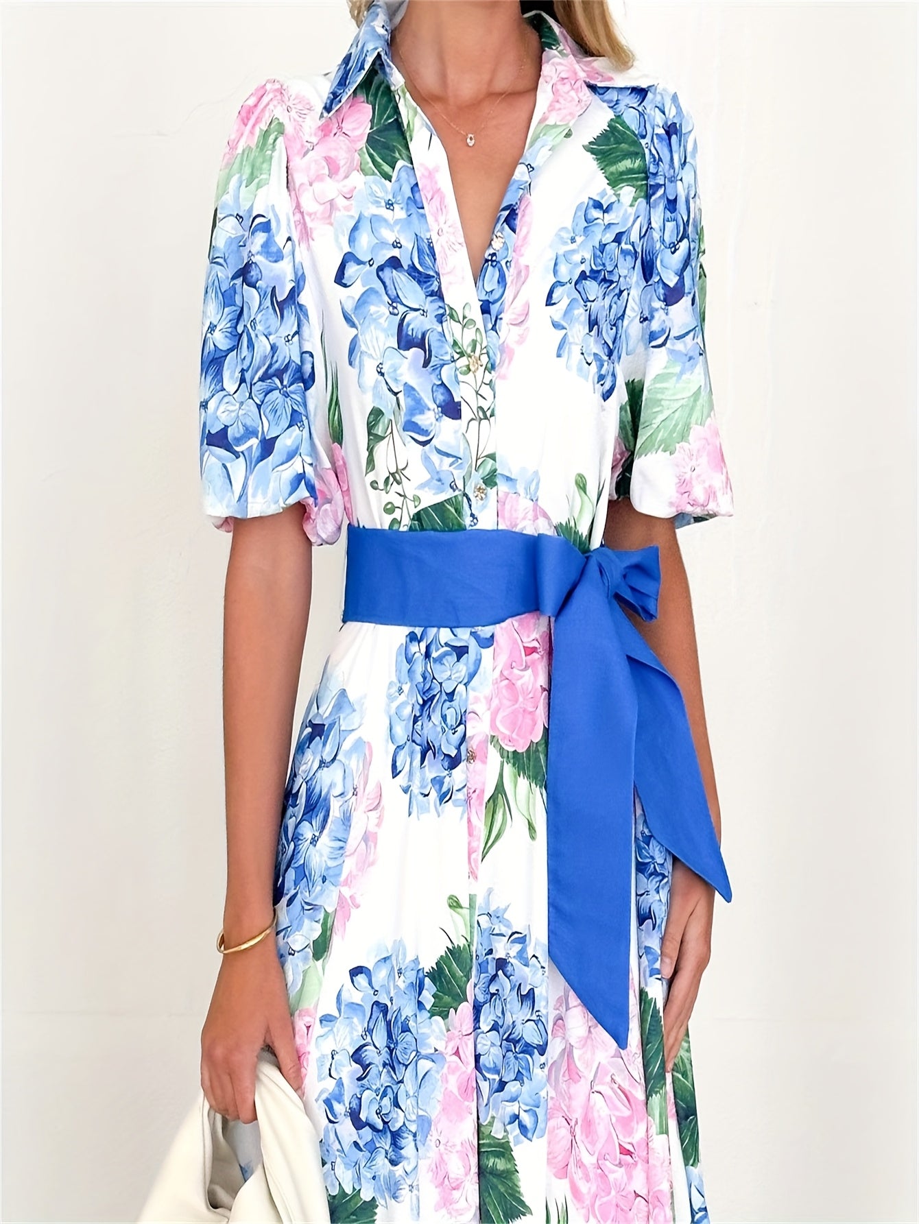 [Elegant Dress] Elegant Ladies' Printed Dress | Short Sleeves, Waist Belt, V-neck