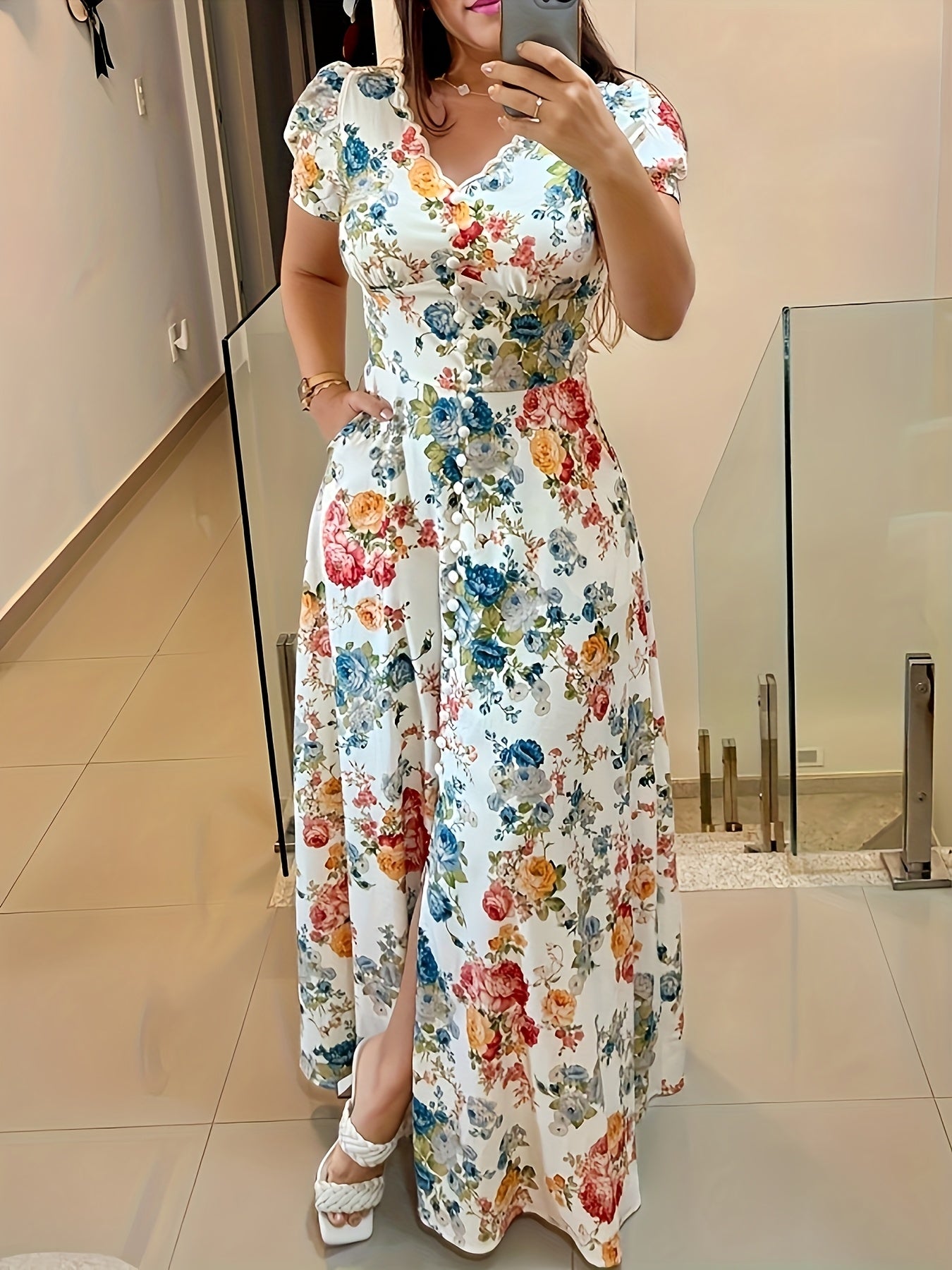 Vibrant Floral V-Neck Maxi Dress with Bubble Sleeves and Cinched Waist - A-Line Silhouette, White Base with Multicolor Flower Print, Casual Style for Women, Perfect for Spring and Summer, Everyday Fashion | Vneck Design | Quality Fabric