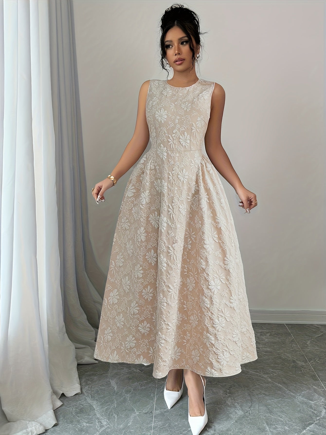 Women's Elegant Floral Print A-Line Dress with Slim-Fit Waist & Short Sleeves - Round Neck Machine-Washable Lightweight Spring/Summer Dress for Casual to Formal Occasions, Evening Wear, Jacquard Technique, Breathable Fabric, Summer Wardrobe