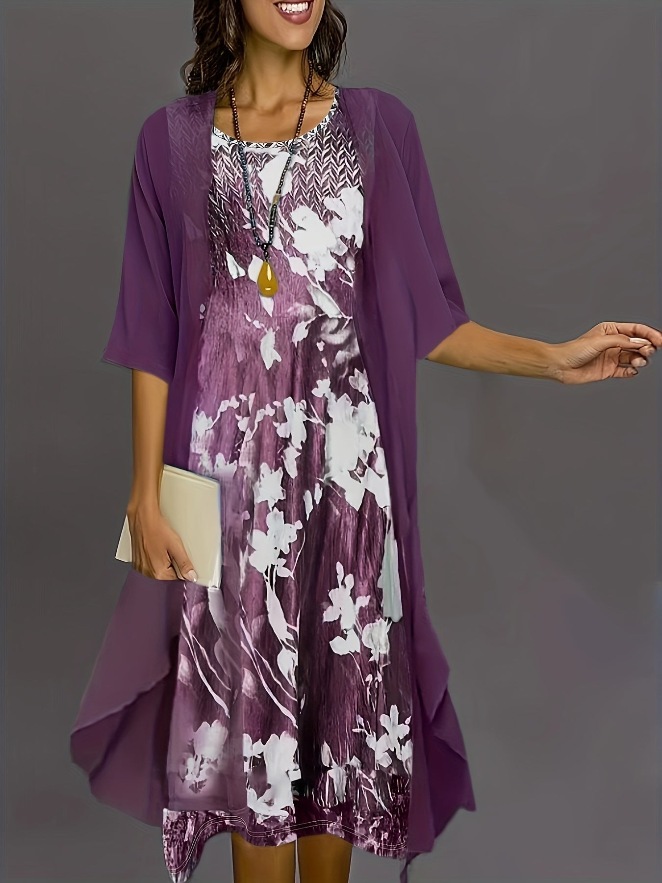 Women'S Elegant Floral Print Dress Set, Spring 2024 Collection, Polyester 95% Elastane 5% Knit Fabric, Crew Neck, All Season Wear, 190gsm & 88.5gsm Textured Weave