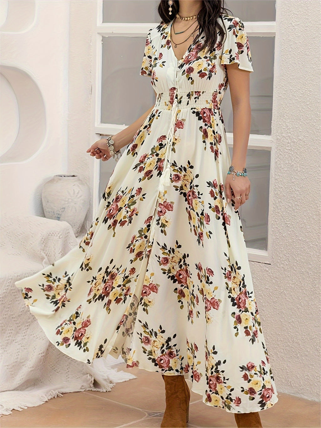 Bohemian Floral Print Maxi Dress for Women - Elegant V-Neck, Short Sleeve, A-Line Silhouette, Lightweight Viscose, Perfect for Spring & Summer Casual Wear, Floral Maxi Dress