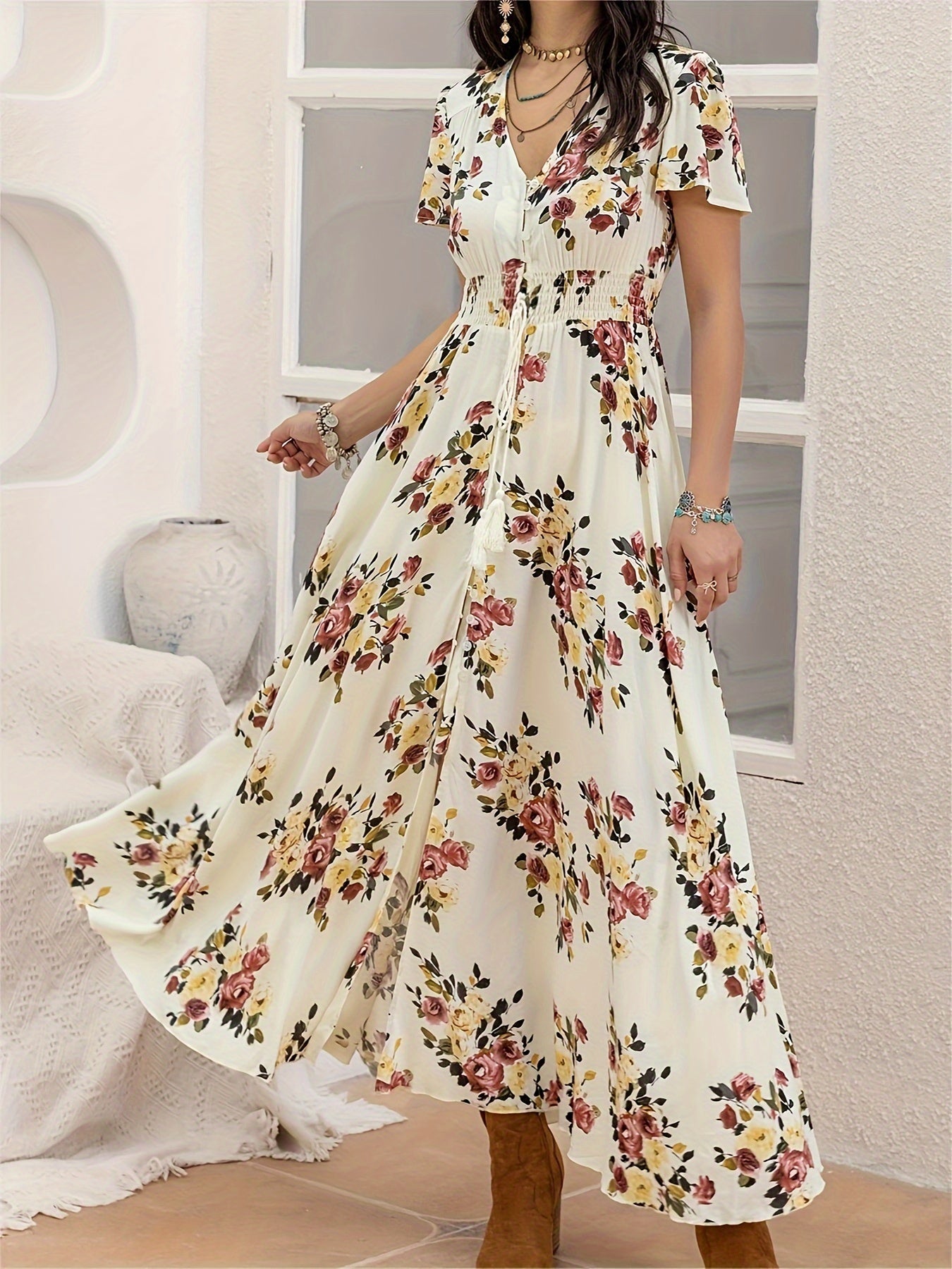 Bohemian Floral Print Maxi Dress for Women - Elegant V-Neck, Short Sleeve, A-Line Silhouette, Lightweight Viscose, Perfect for Spring & Summer Casual Wear, Floral Maxi Dress