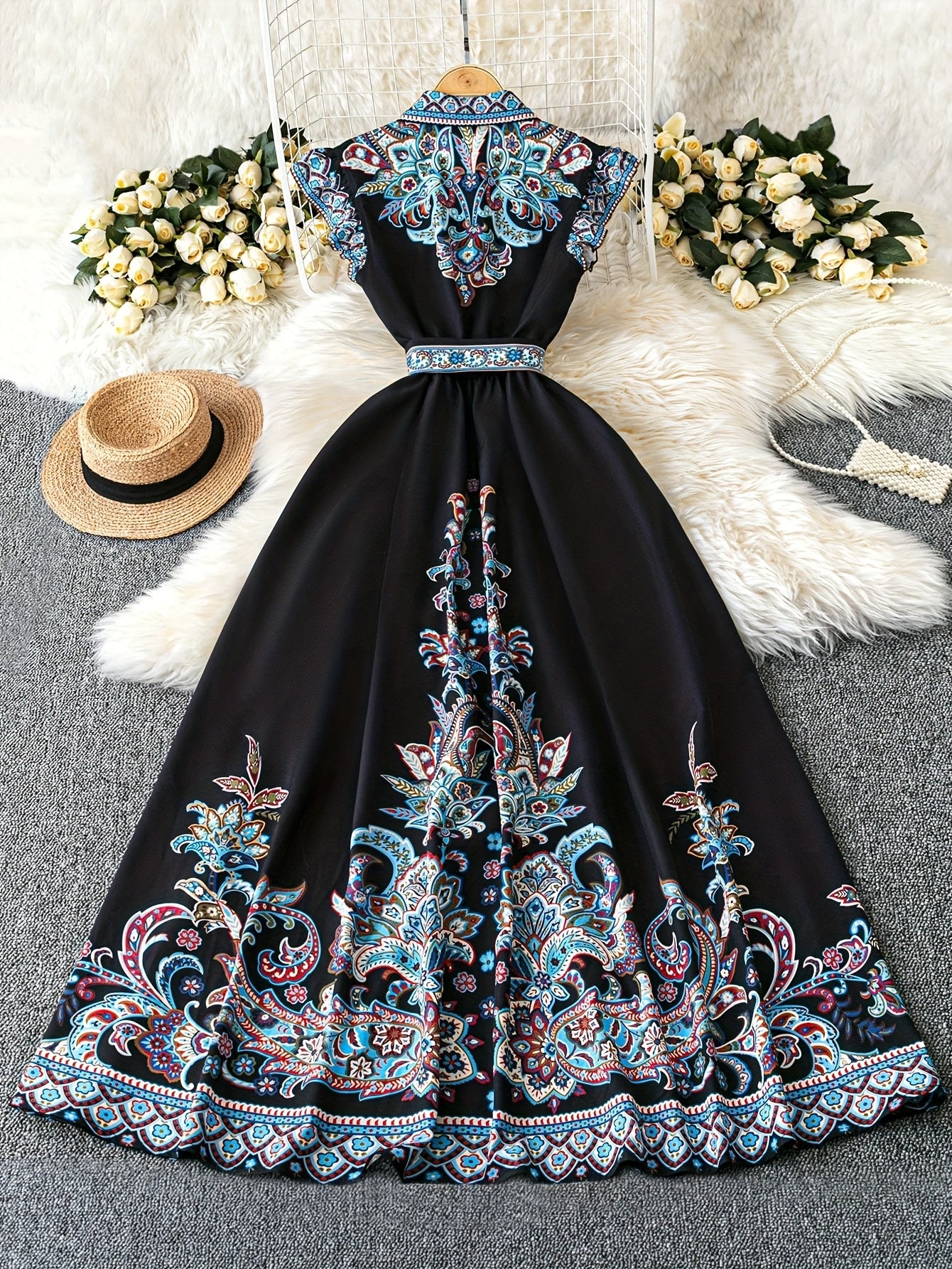 Women's Floral Print A-Line Dress with Puffed Cap Sleeves & Classic Collar - Adjustable Waist Tie, Side Slit Hem, Machine Washable Long Dress for Spring/Summer Casual to Formal Occasions, Spring Summer Dress | Floral Aline Dress | Quality Construction