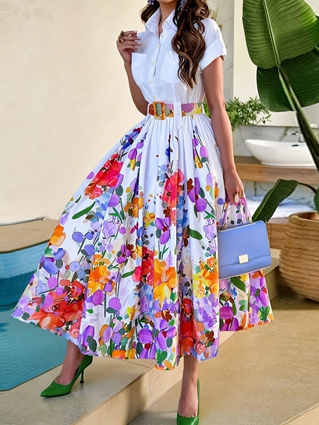 [Floral A-Line Dress] Elegant Floral Print A-Line Dress for Women | Button Front & Waist Belt, Vibrant Yellow, Purple, Orange, Green Floral Pattern, Short Sleeve, Knee-Length, Perfect for Spring/Summer