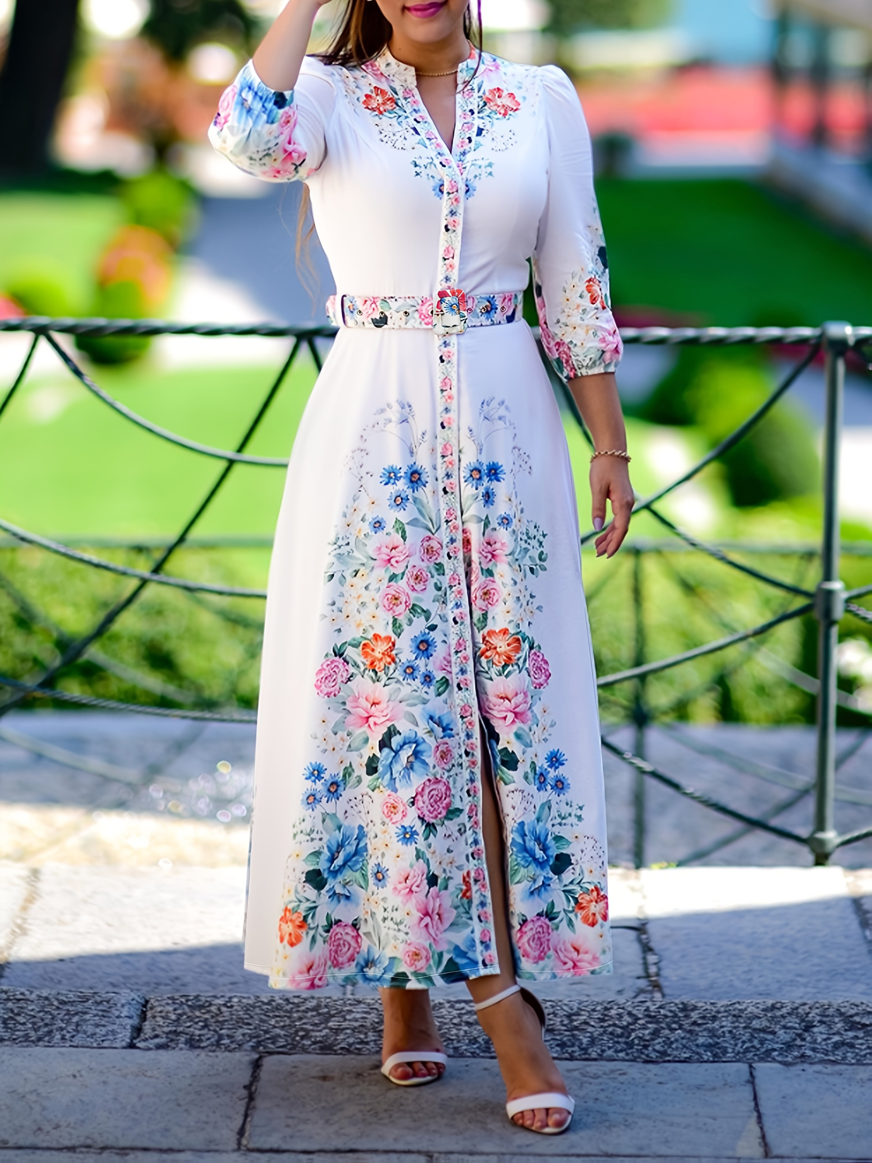 Women's Floral Print maxi Dress - Elegant Long Formal & Casual Dresses with Floral Belt, Flared Skirt, Non-Stretchy Fabric, Machine Washable Women's Clothing for Parties, Office, Everyday Outfits, Cute Dresses, Party Attire, Fitted Design