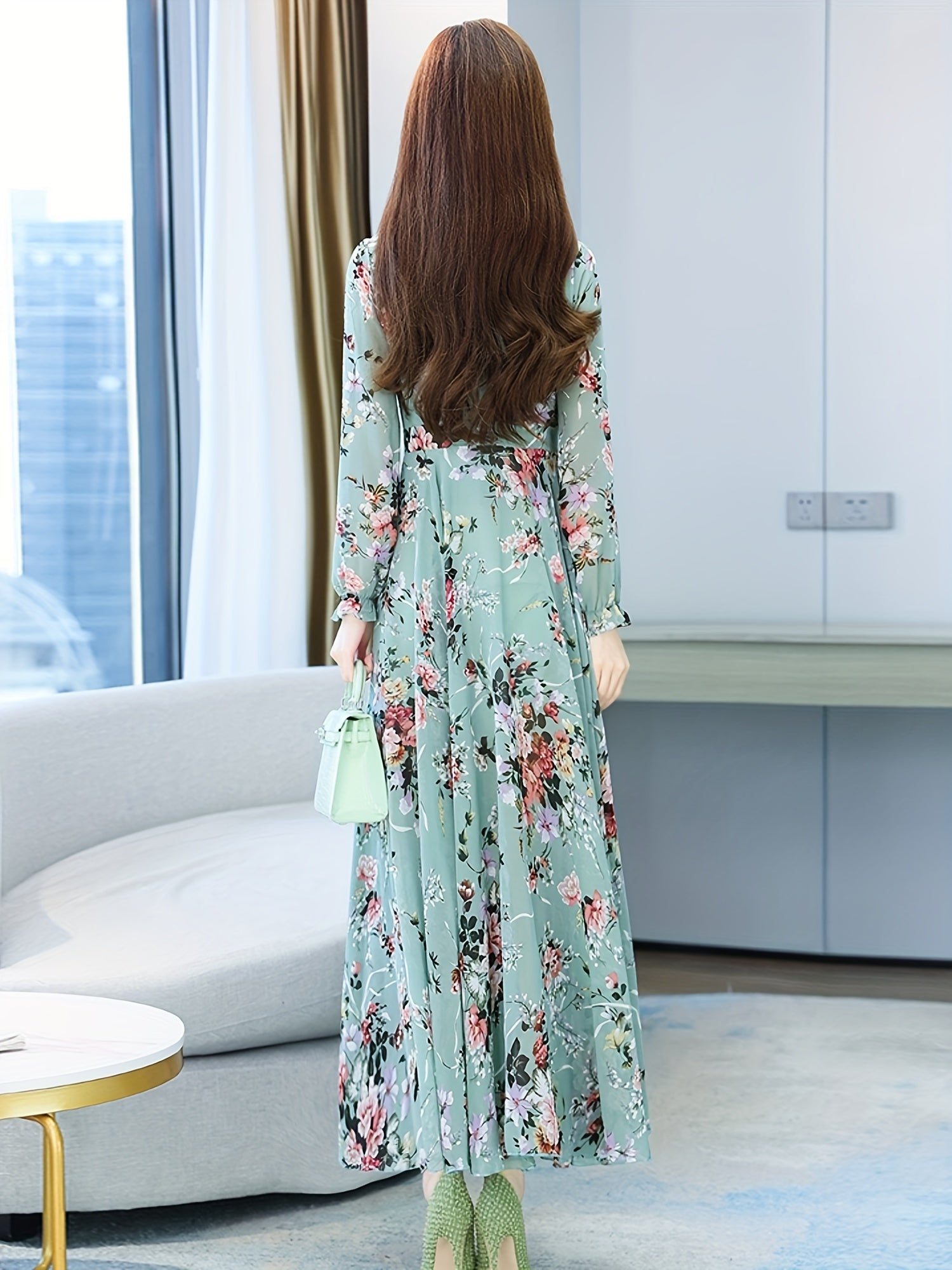 High-Quality Floral Print Women's Maxi Dress, Vintage Long Sleeve Bohemian Beach Party Casual Dress
