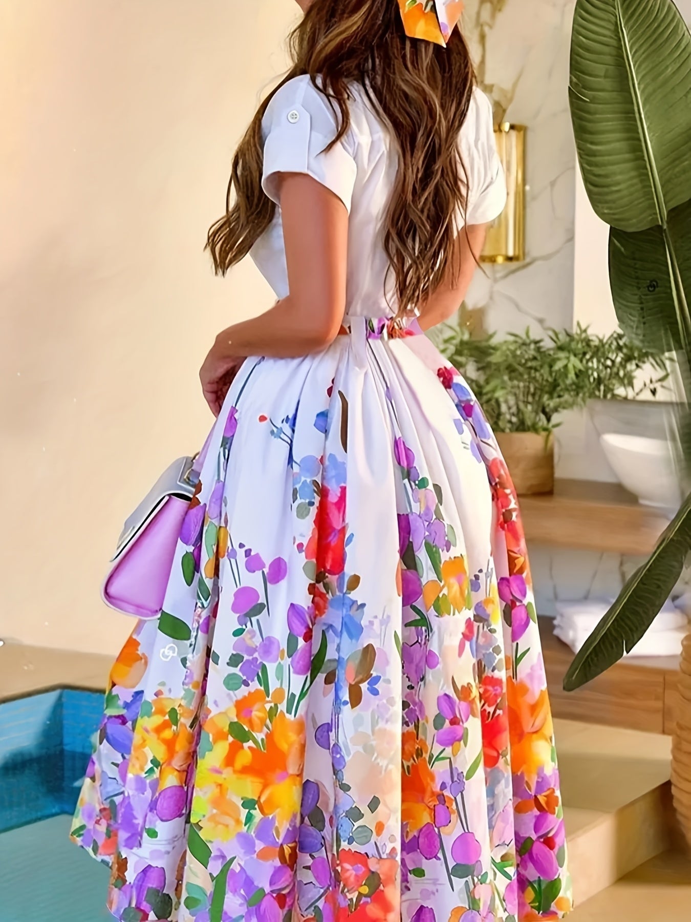 [Floral A-Line Dress] Elegant Floral Print A-Line Dress for Women | Button Front & Waist Belt, Vibrant Yellow, Purple, Orange, Green Floral Pattern, Short Sleeve, Knee-Length, Perfect for Spring/Summer