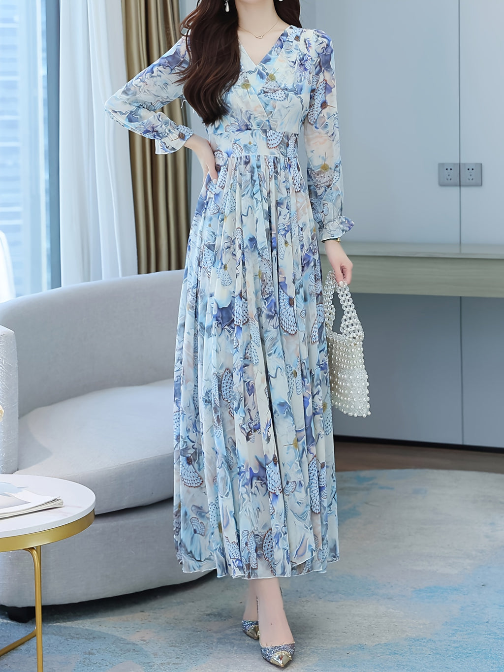 [Floral Chiffon Dress] Ankle-Length Floral Chiffon Dress | Long-Sleeve, Knee-High, Large Hem for Women