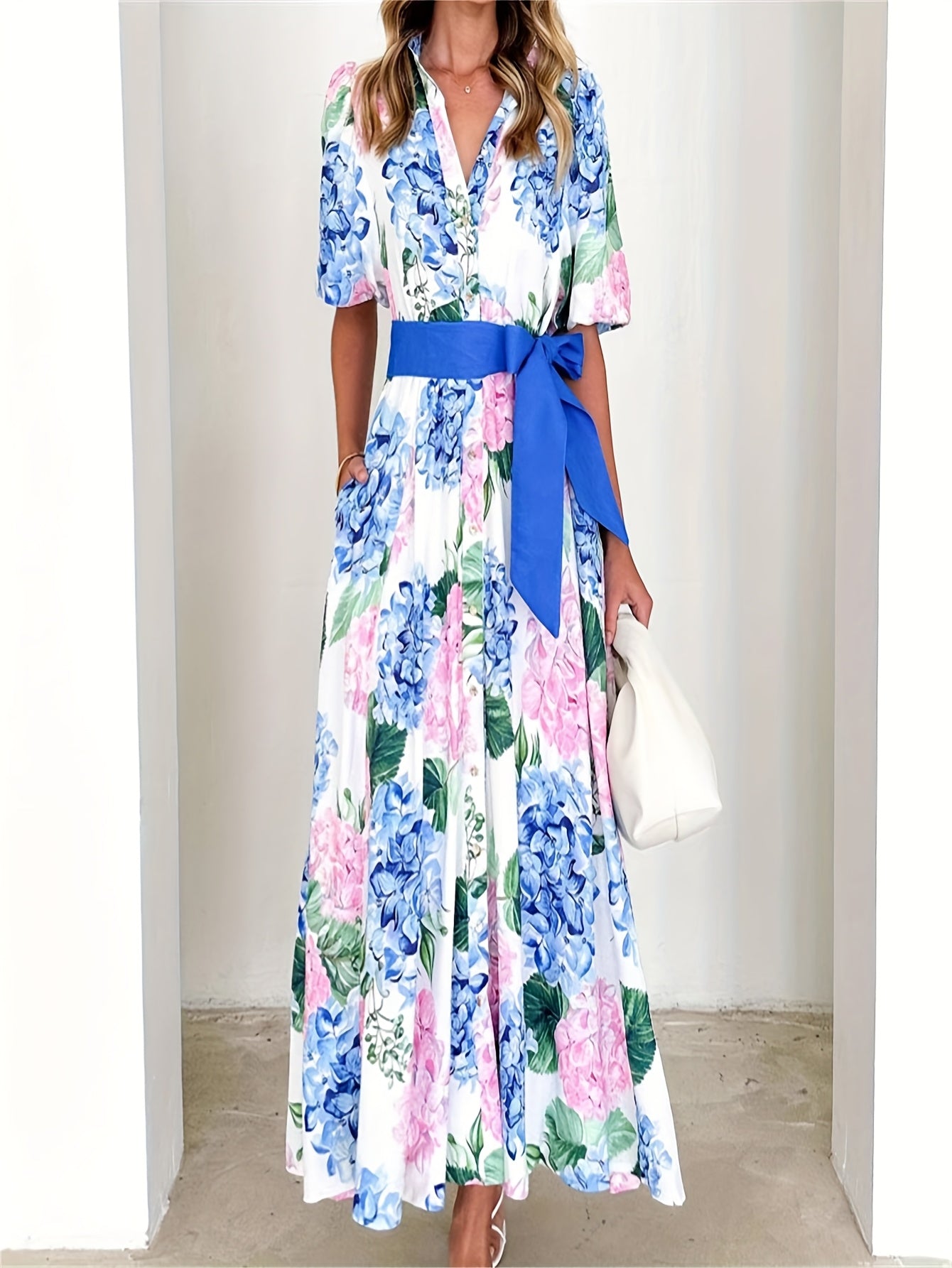 [Elegant Dress] Elegant Ladies' Printed Dress | Short Sleeves, Waist Belt, V-neck