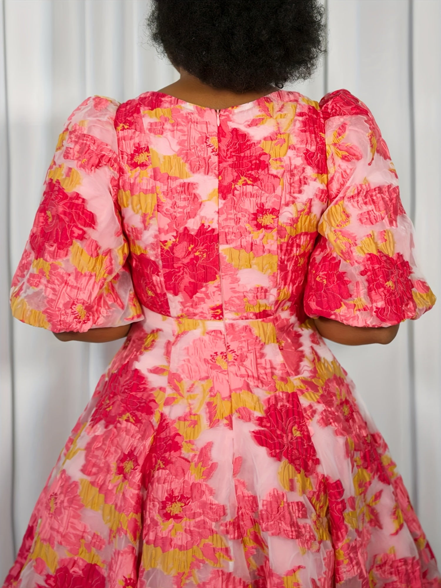 GLOURI Luxury Pink Floral Organza Jacquard Midi Dress - Romantic V-Neck Puff Short Sleeve Gown with A-Line Hem & Lining, Wedding Guest Dress for Garden Parties/Spring Galas (Opulent Floral Pattern), Floral Dress, Spring Gala Attire, Sophisticated