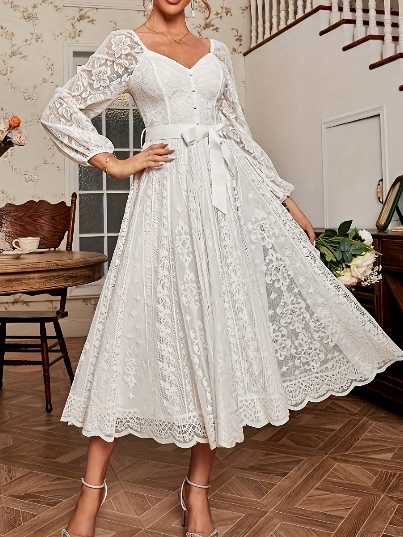 [Elegant Dress] Elegant Lace Sleeve Belted Dress | Women's Fitted Solid Color Machine Washable All-Season Versatile for Casual & Formal Occasions, Wedding Guest Attire, Sophisticated Detailing