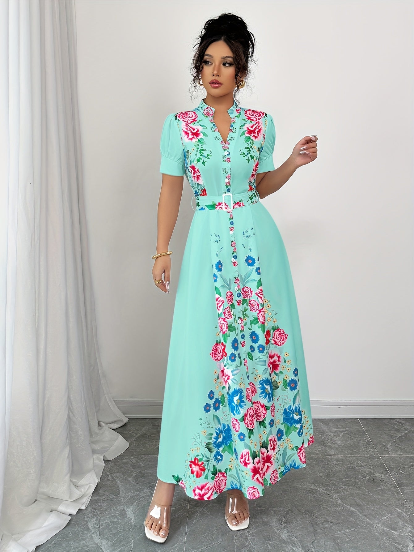 [Elegant Maxi Dress] Vibrant Pink Elegant Women's Maxi Dress | Casual V-Neck, Short Sleeve, A-Line Silhouette with Belt Detail, Multicolor Flower Design, Perfect for Spring/Summer