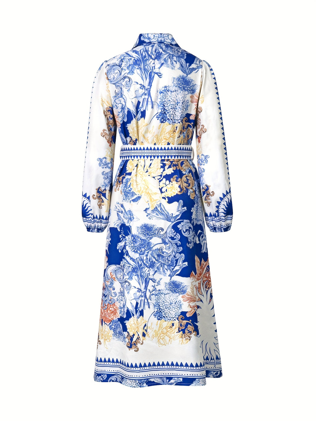 Women'S Casual Floral Print Long Sleeve Dress with Lapel Collar and Belt, Polyester A-Line Maxi Dress, Woven Fabric, for Spring/Fall