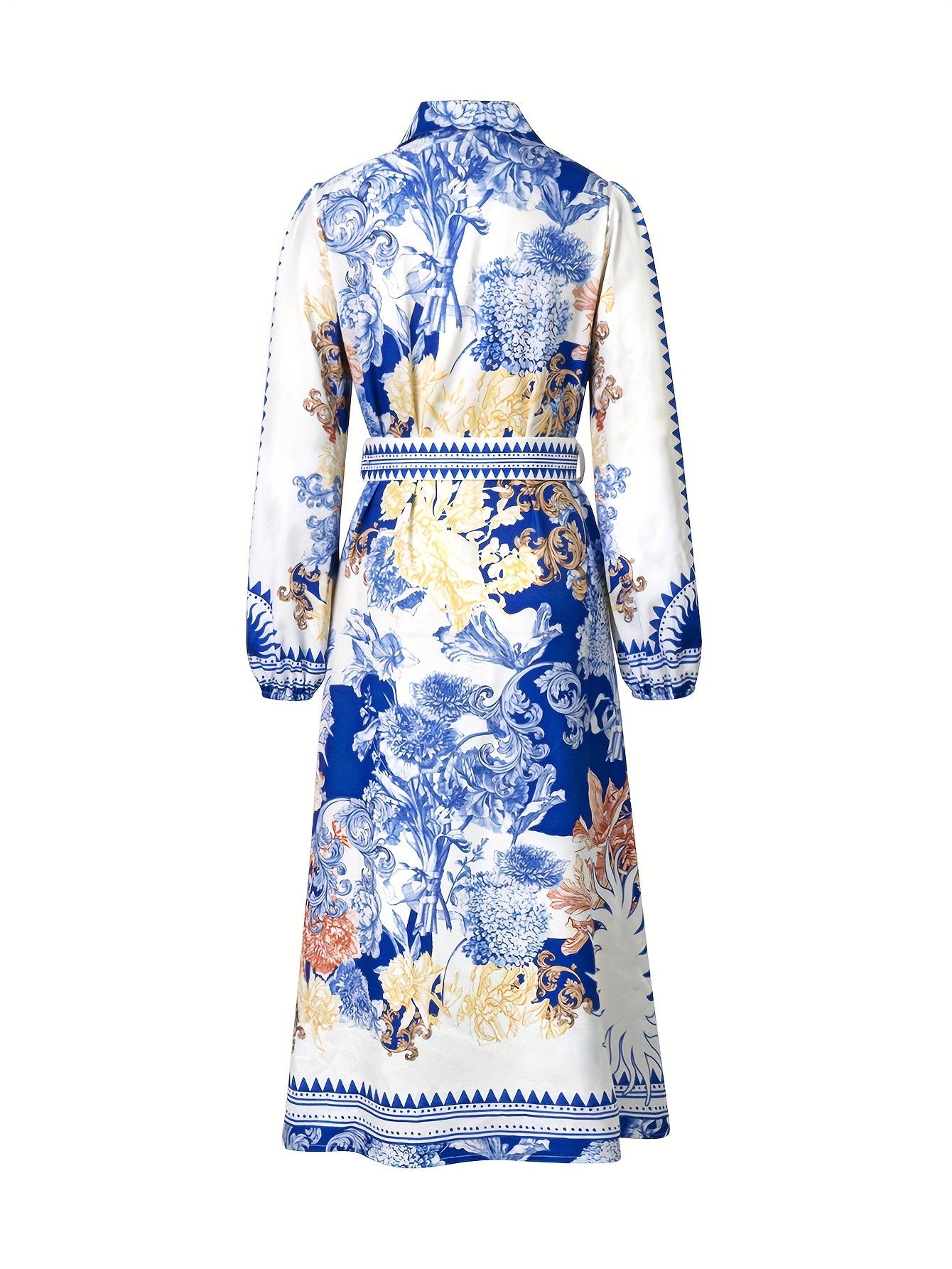 Women'S Casual Floral Print Long Sleeve Dress with Lapel Collar and Belt, Polyester A-Line Maxi Dress, Woven Fabric, for Spring/Fall