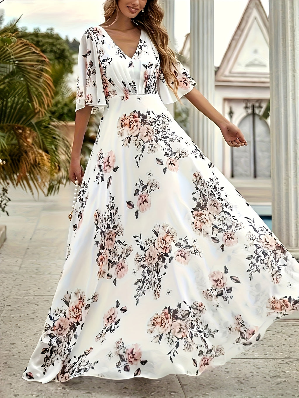 Women's Elegant Floral Print V-Neck Short Sleeve A-Line Dress - Lightweight Breathable Fabric for Spring/Summer, Versatile for Valentine's Day, Easter, Daily Gatherings & Travel, Spring Summer Fashion, Highquality Textile