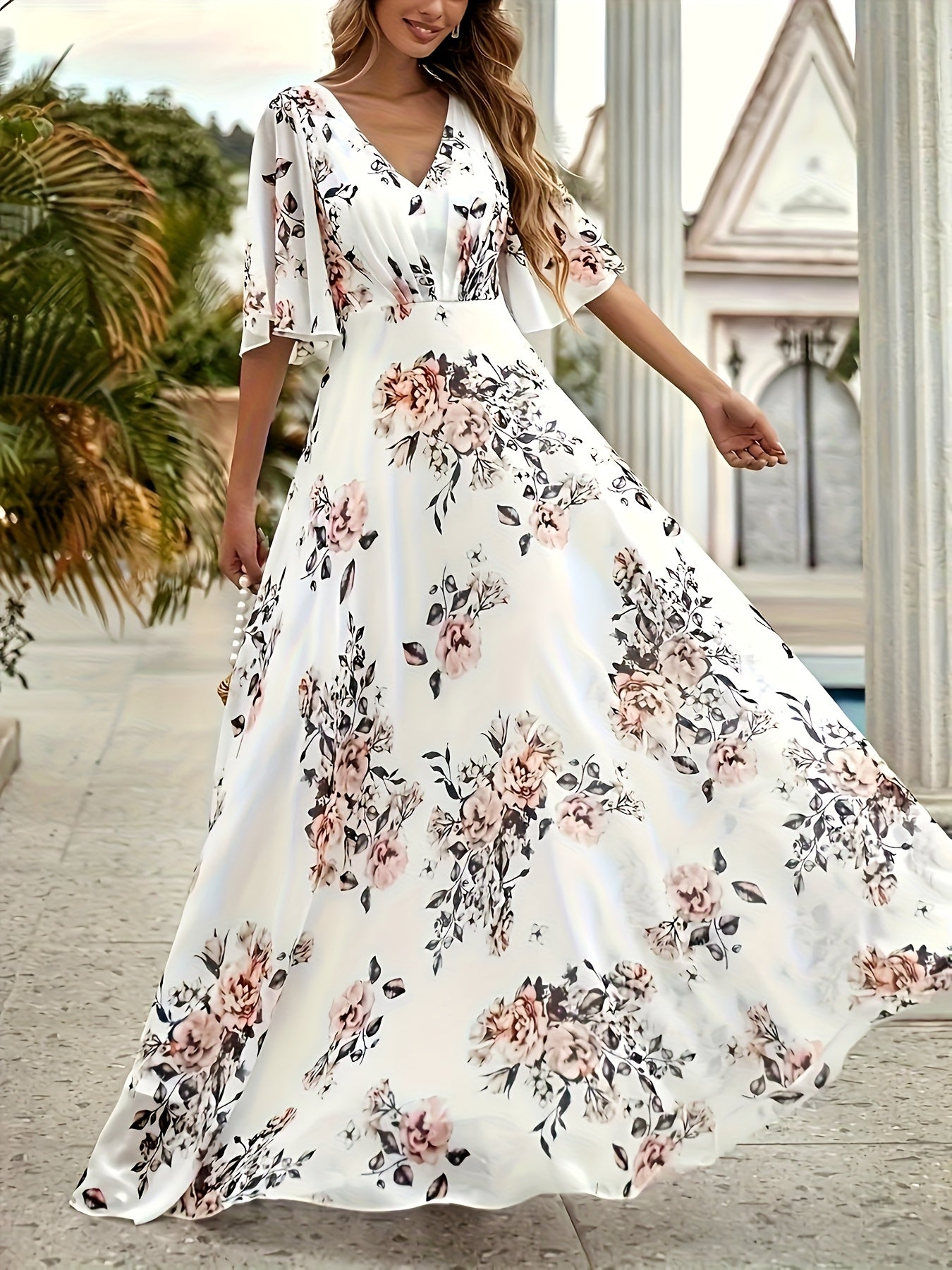 Women's Elegant Floral Print V-Neck Short Sleeve A-Line Dress - Lightweight Breathable Fabric for Spring/Summer, Versatile for Valentine's Day, Easter, Daily Gatherings & Travel, Spring Summer Fashion, Highquality Textile