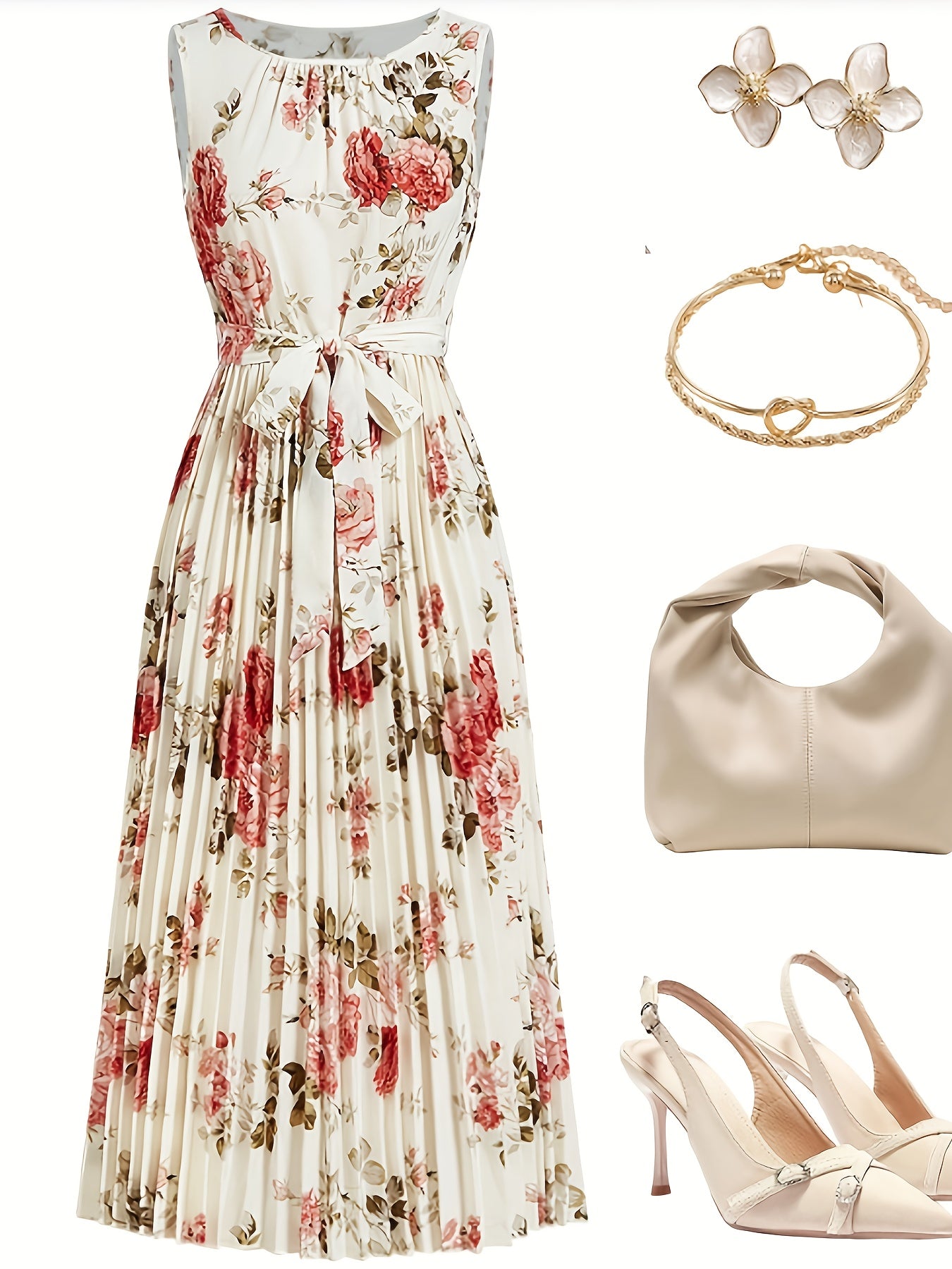 Women'S Floral Print Sleeveless Dress with Ruched Detail - Perfect for Spring/Summer, Casual to Semi-Formal Occasions, Casual Dress|Floral Print Dress|Ruched Detailing, Floral Dress