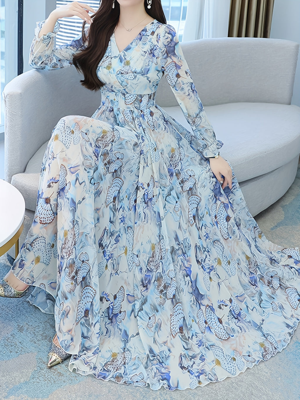 [Floral Chiffon Dress] Ankle-Length Floral Chiffon Dress | Long-Sleeve, Knee-High, Large Hem for Women