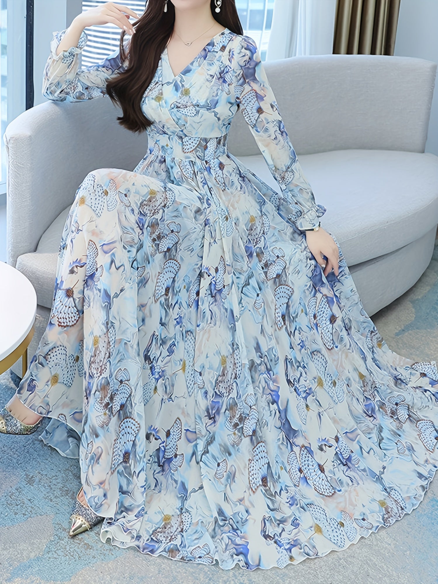 [Floral Chiffon Dress] Ankle-Length Floral Chiffon Dress | Long-Sleeve, Knee-High, Large Hem for Women