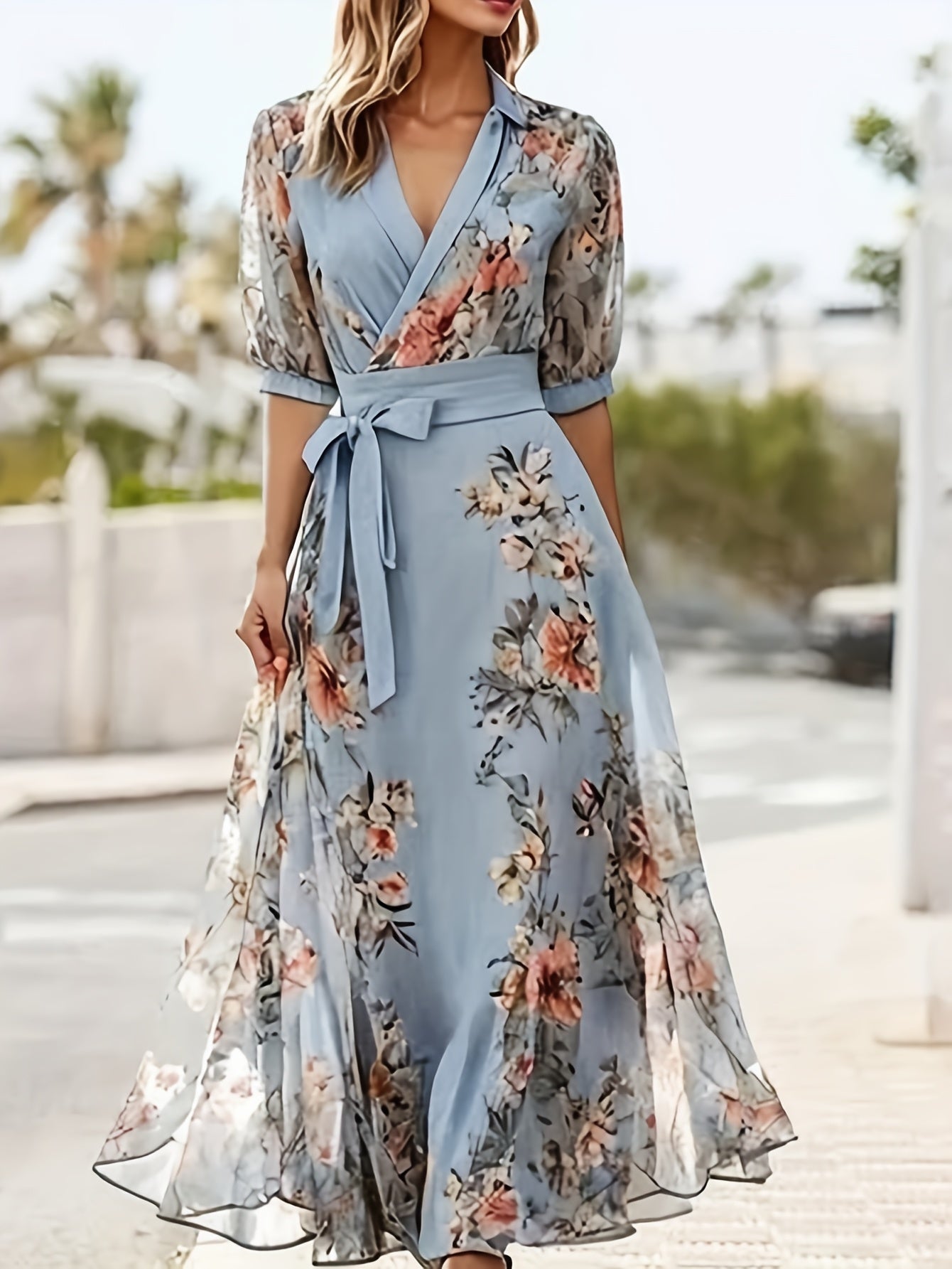 Elegant Off-the-Shoulder Maxi Dress for Women - V-Neckline, Ruffled Sleeves, Flowing A-Line Silhouette, Light Blue Floral Print, Perfect for Weddings and Formal Occasions, Wedding Dresses for Bride
