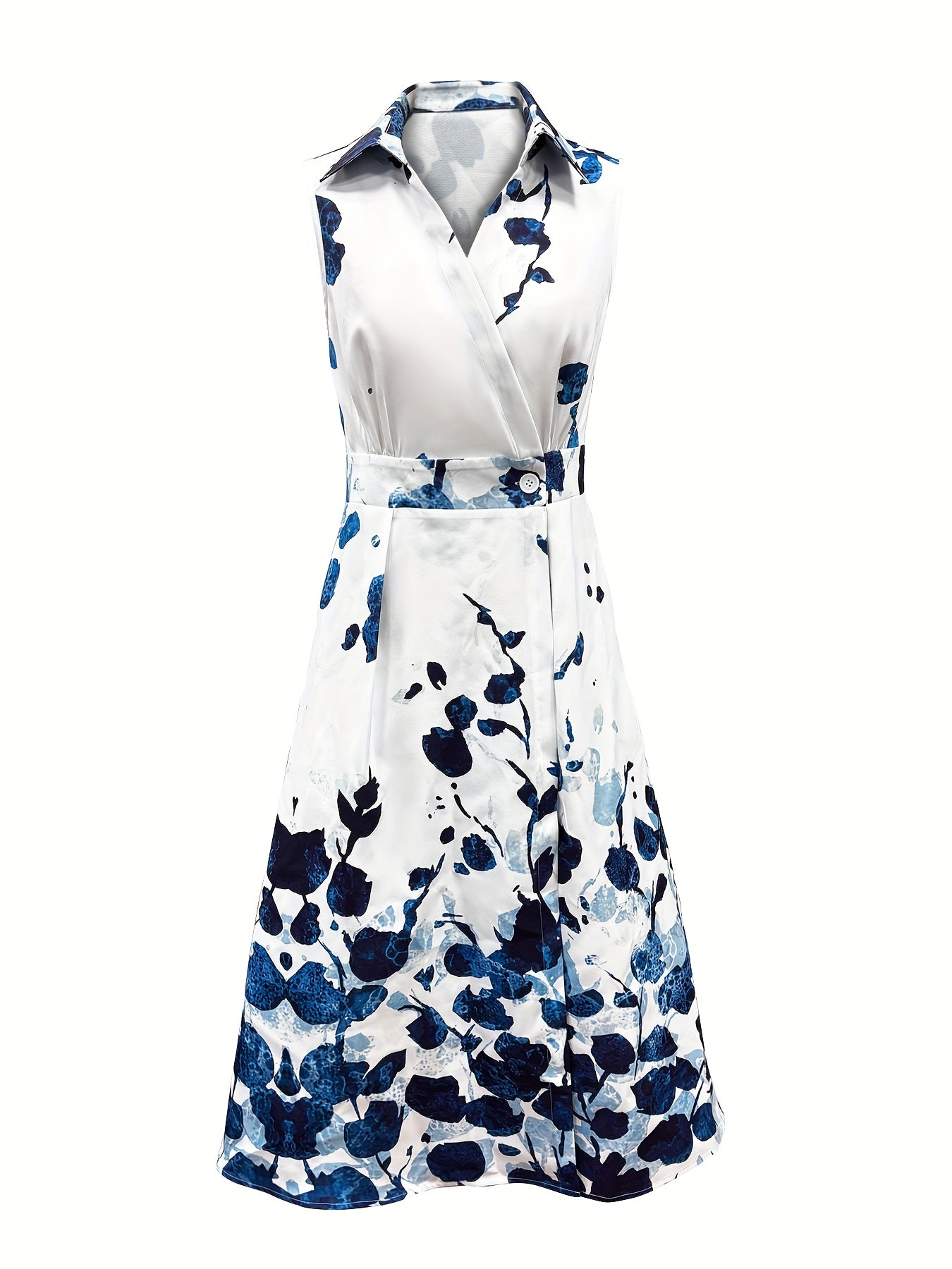 Elegant Sleeveless Floral Print Shirt Dress with Pockets - Chic A-Line Midi Dress for Women, White with Blue & Black Floral Design, V-Neck, Button-Up Front, Perfect for Casual or Office Wear, Cute Dress