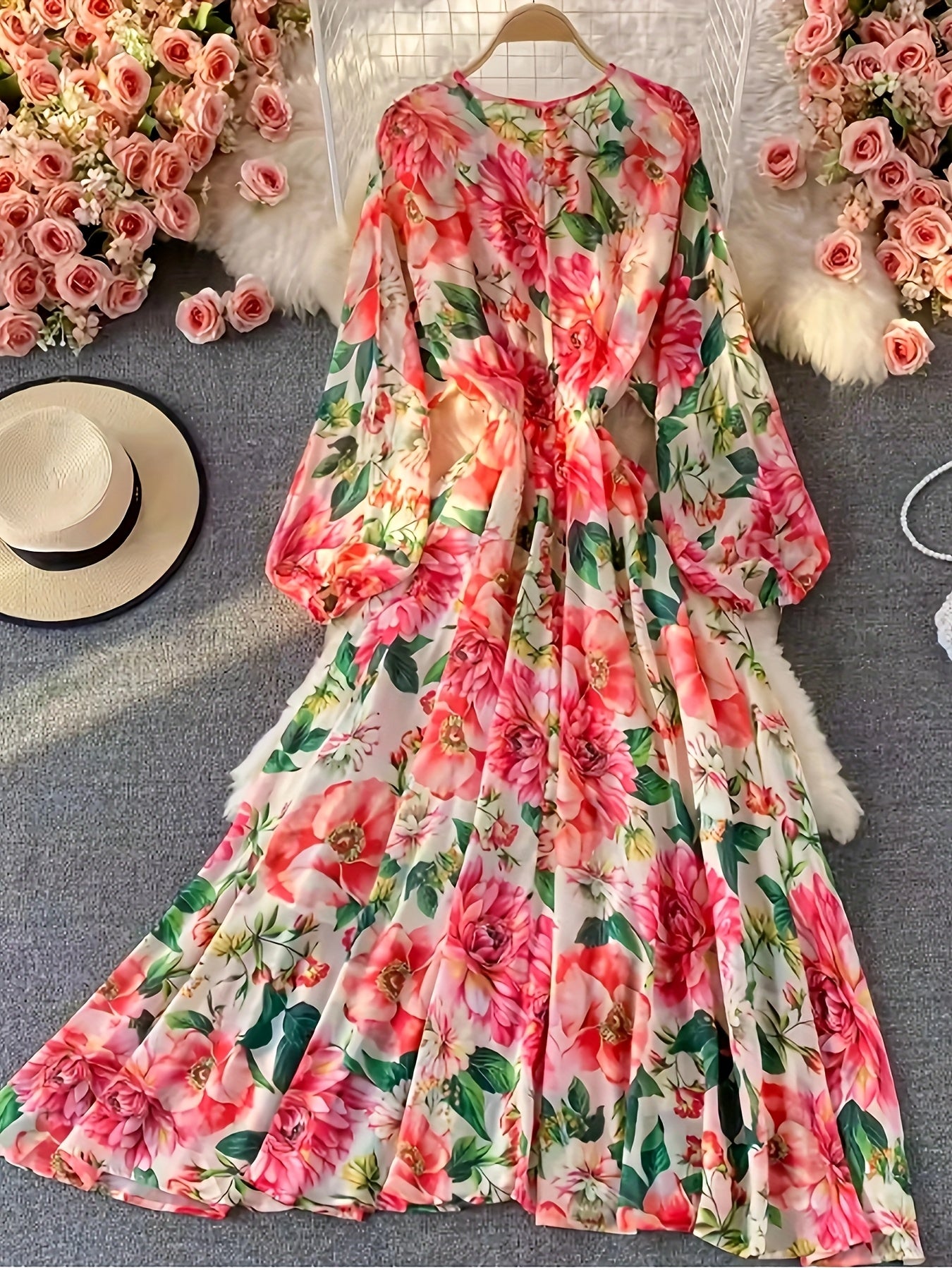 Women'S Floral Print Long Sleeve Chiffon Dress with Puff Sleeves & Ruffled Neckline - Casual A-Line Midi Dress for Spring/Summer, Machine Washable, Allseason Attire, Spring Summer Fashion, Comfortable Fit