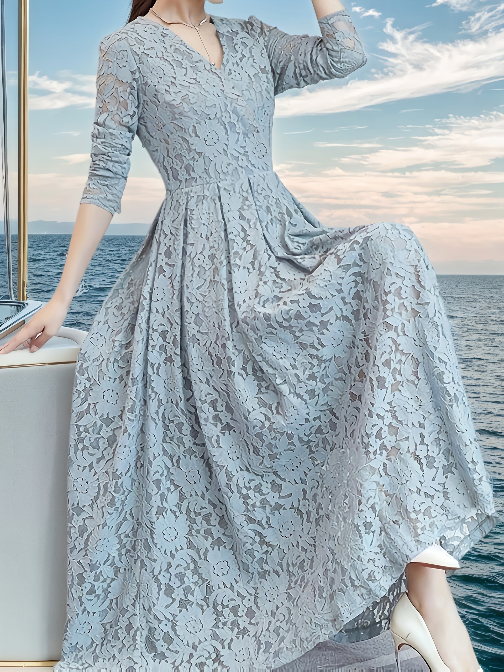 Women's Elegant Lace Panel V-Neck Dress with Zipper Back, Slim-Fit Bodice & Flowy Skirt - Machine Washable Solid Color All-Season Versatile for Casual to Formal Occasions, Occasion Wear, Easycare Material