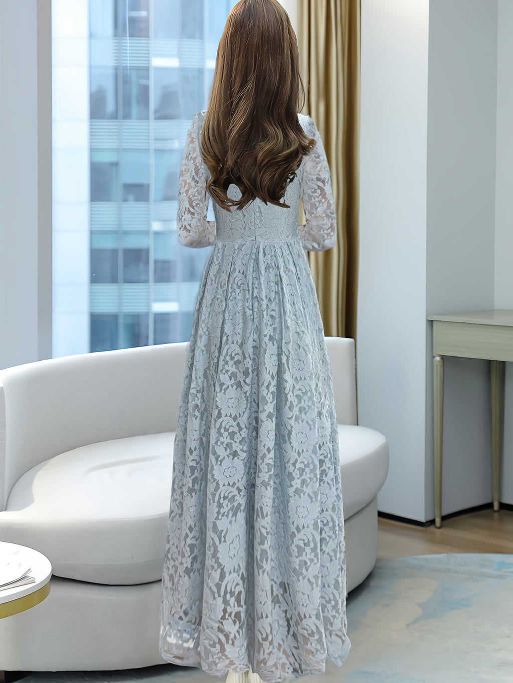 Women's Elegant Lace Panel V-Neck Dress with Zipper Back, Slim-Fit Bodice & Flowy Skirt - Machine Washable Solid Color All-Season Versatile for Casual to Formal Occasions, Occasion Wear, Easycare Material