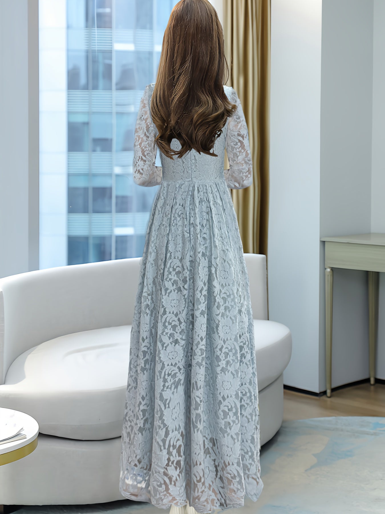 Women's Elegant Lace Panel V-Neck Dress with Zipper Back, Slim-Fit Bodice & Flowy Skirt - Machine Washable Solid Color All-Season Versatile for Casual to Formal Occasions, Occasion Wear, Easycare Material