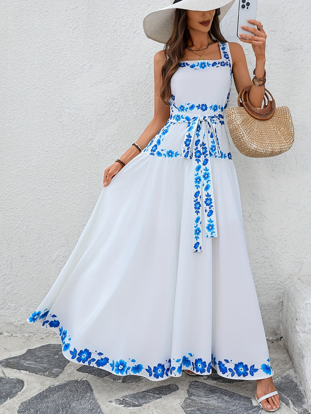 Elegant Floral Print Maxi Dress for Women - Sleeveless A-Line Summer Dress with Back Tie, Blue Floral Pattern, Polyester, Perfect for Casual or Formal Occasions, Floral Dres