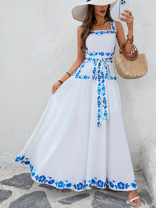 Elegant Floral Print Maxi Dress for Women - Sleeveless A-Line Summer Dress with Back Tie, Blue Floral Pattern, Polyester, Perfect for Casual or Formal Occasions, Floral Dres