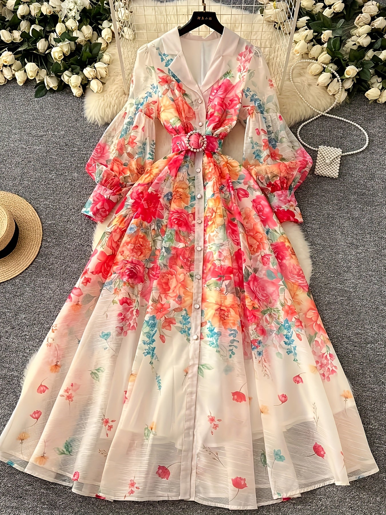 [Floral Maxi Dress] Elegant Floral Print Maxi Dress for Women | Asymmetric Floral Print, Long Flowy A-Line Formal/Party/Everyday Dress in Pastel Pink, Orange, Blue, Green, Yellow, White - Machine Washable Non-Stretchy Fabric for Weddings, Garden Parties,