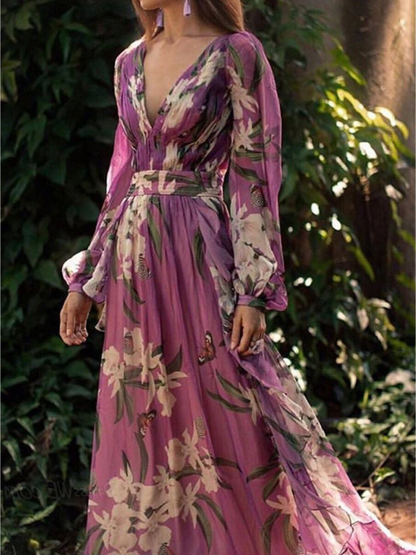 Elegant Printed V-Neck Long Sleeve Swing Dress