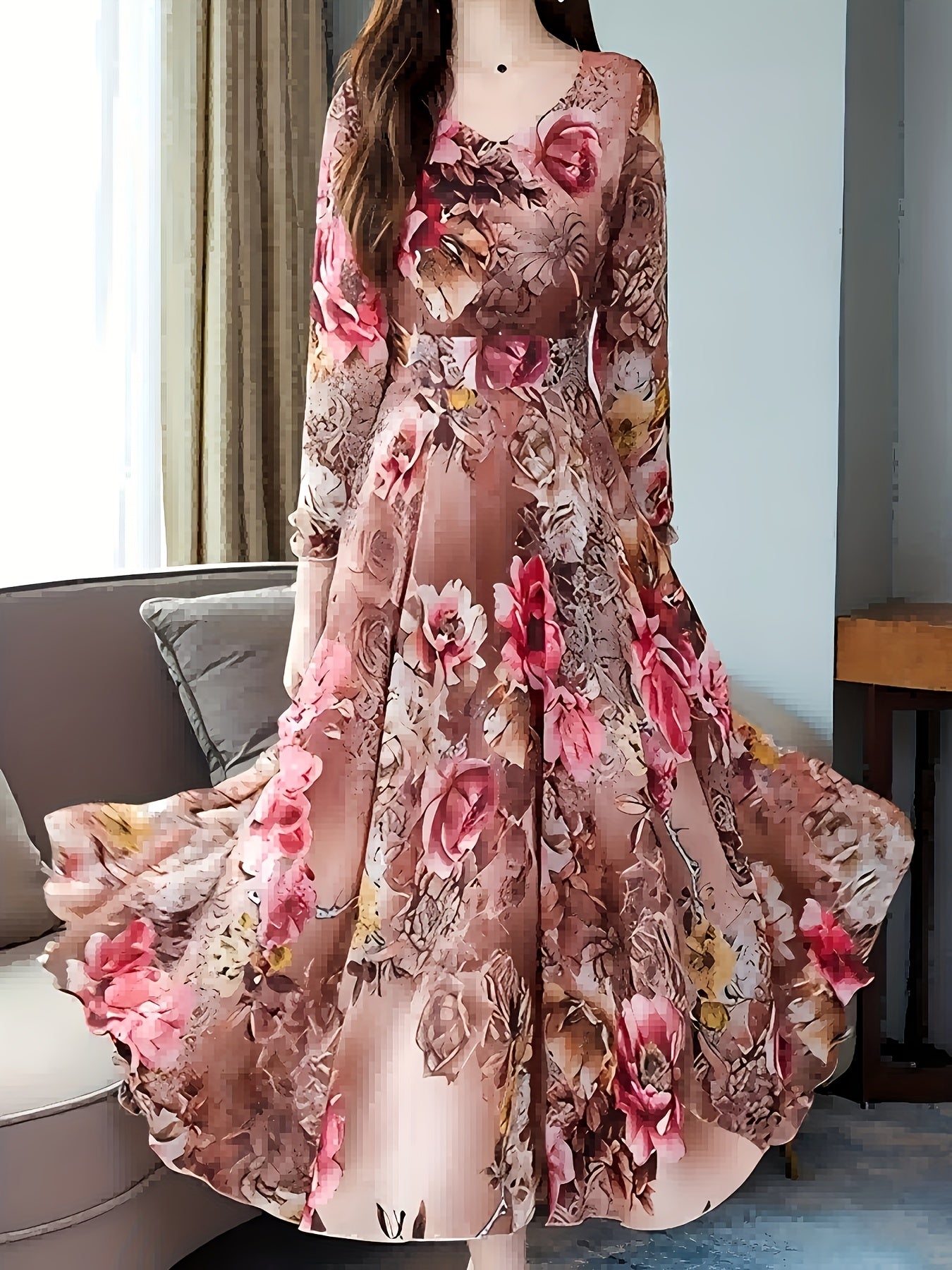 [Floral V-Neck Dress] Floral Print V-Neck A-Line Dress | Elastic Waist & Zipper Back, Machine Washable, All-Season Casual to Formal Wear