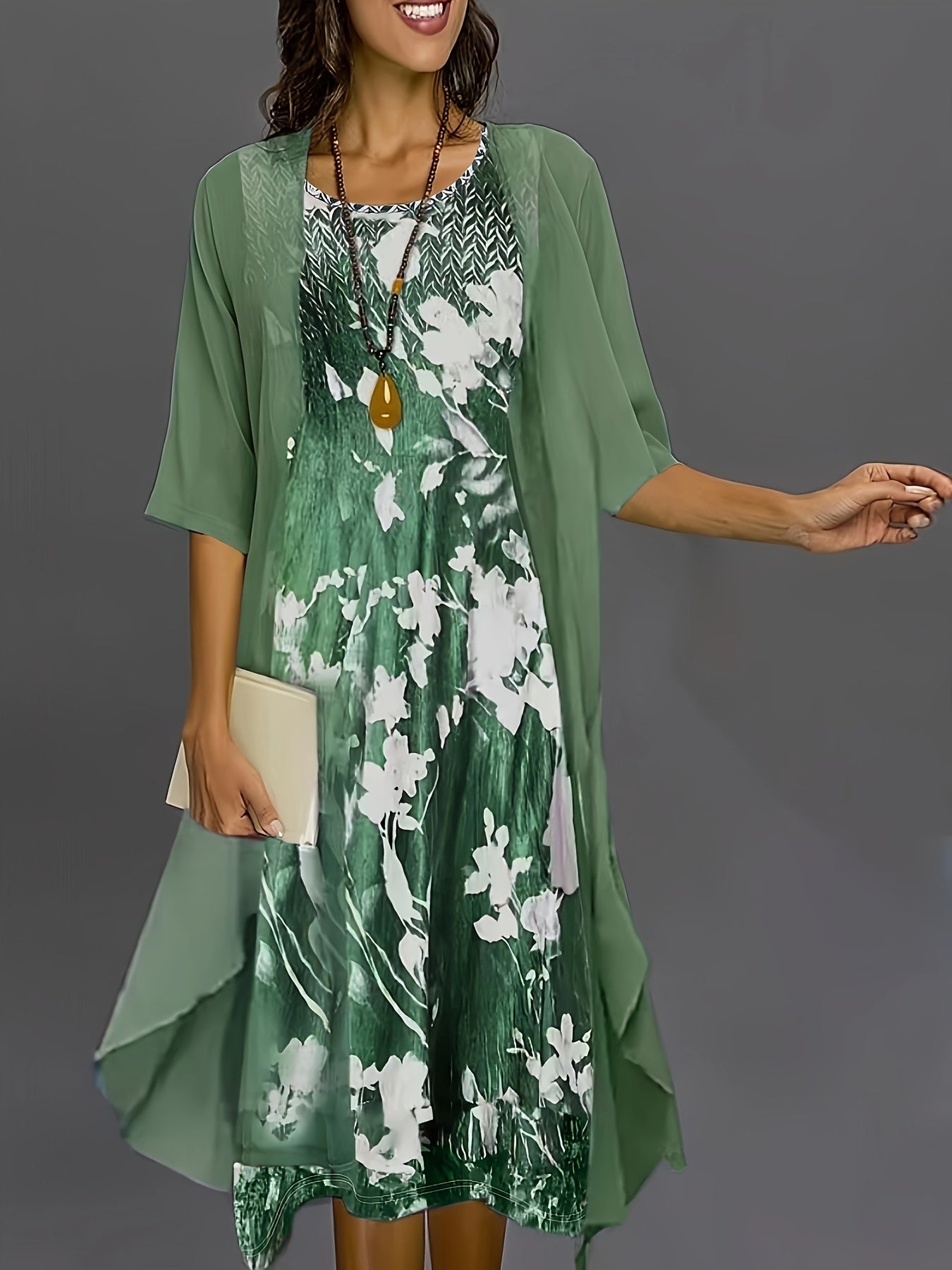 Women'S Elegant Floral Print Dress Set, Spring 2024 Collection, Polyester 95% Elastane 5% Knit Fabric, Crew Neck, All Season Wear, 190gsm & 88.5gsm Textured Weave
