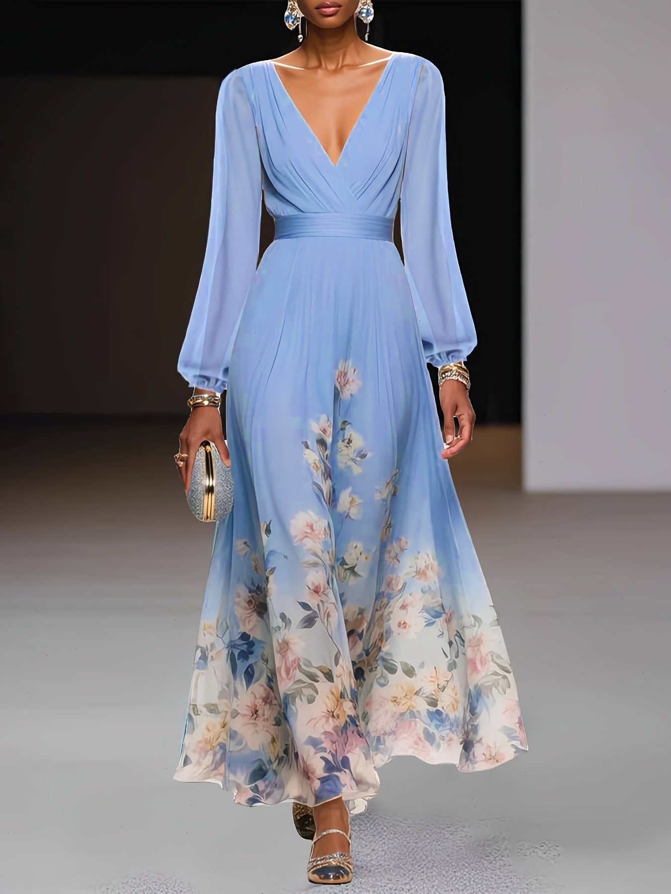 [Bohemian Floral Print Dress] Lightweight Flowy Bohemian Floral Print V-Neck Long Sleeve Dress - Machine Washable Soft Fabric for Spring Summer Fall Casual & Formal Events, Elegant Style