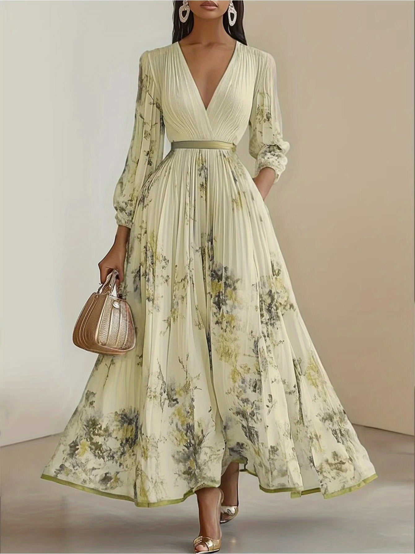 Women'S Elegant Floral print long dress - Flowy A-Line Formal & casual gown, V-Neck Long Dress for Parties, Office, Everyday Outfits - Spring/Fall/Summer Women'S Clothing, Floral Print Dress, Party Attire, Sophisticated Style, Pleated Hem, Office Wear,