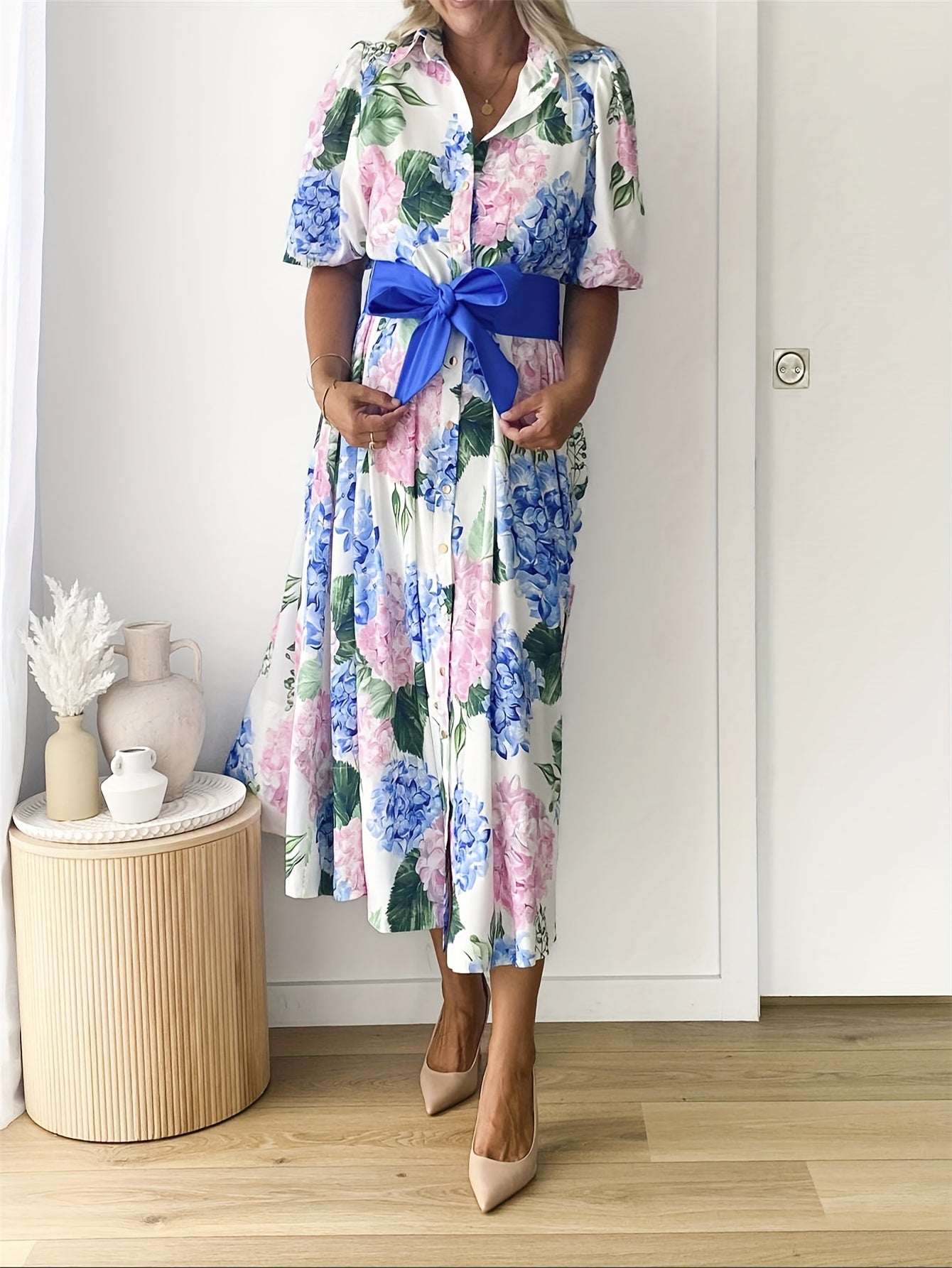 [Elegant Dress] Elegant Ladies' Printed Dress | Short Sleeves, Waist Belt, V-neck